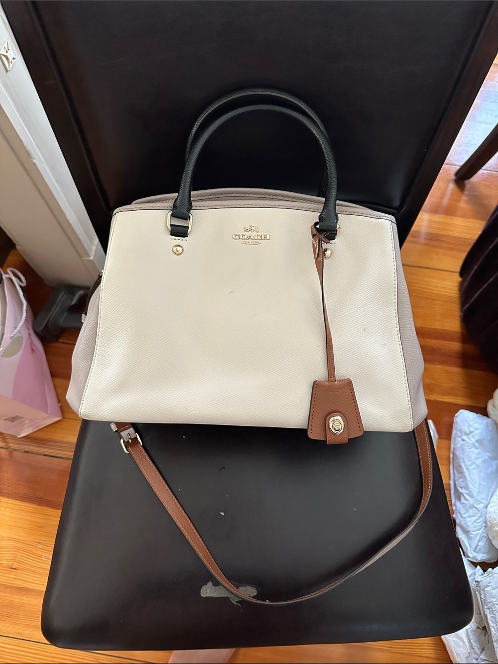 Coach Two-Tone Pebbled Leather Satchel in Chalk, Brown & Black